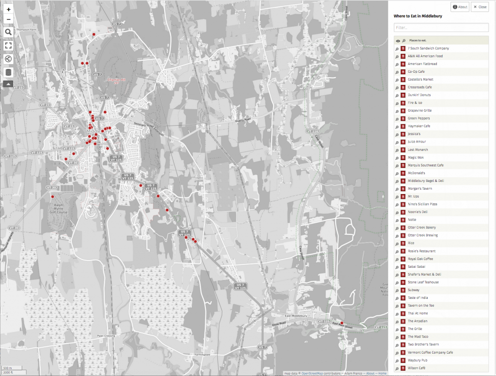 Map screen shot of Middlebury with POIs highlighted.