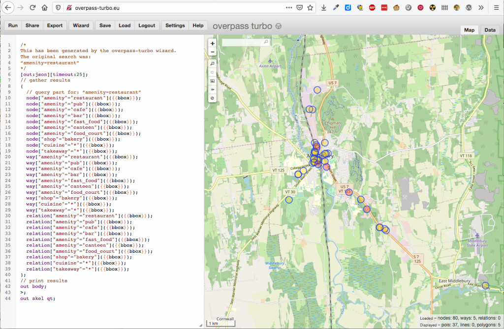 Screen-shot of the Overpass Turbo UI for my 'where to eat' query.