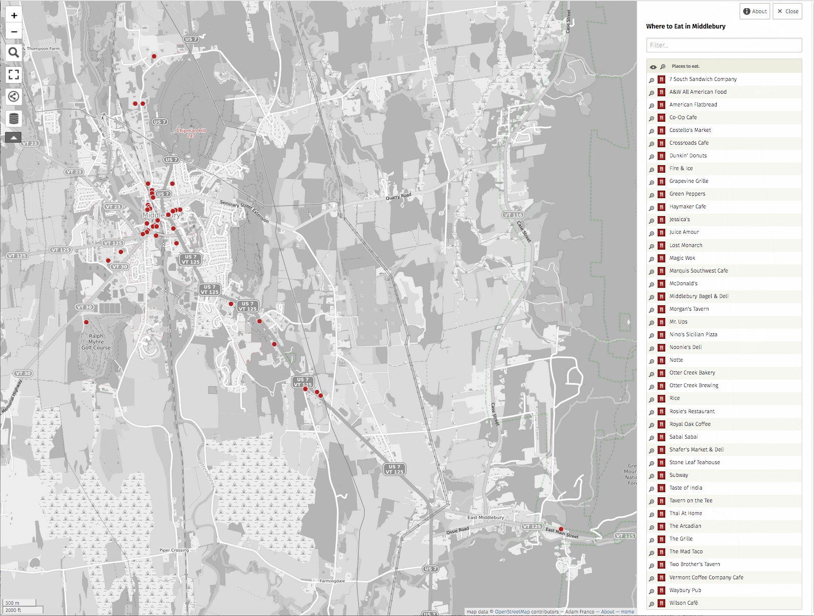 Map screen shot of Middlebury with POIs highlighted.