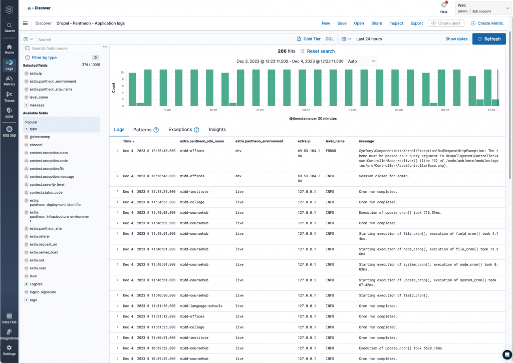 A Logz "Discover" view of log entries showing the log messages and fields specific to Pantheon.